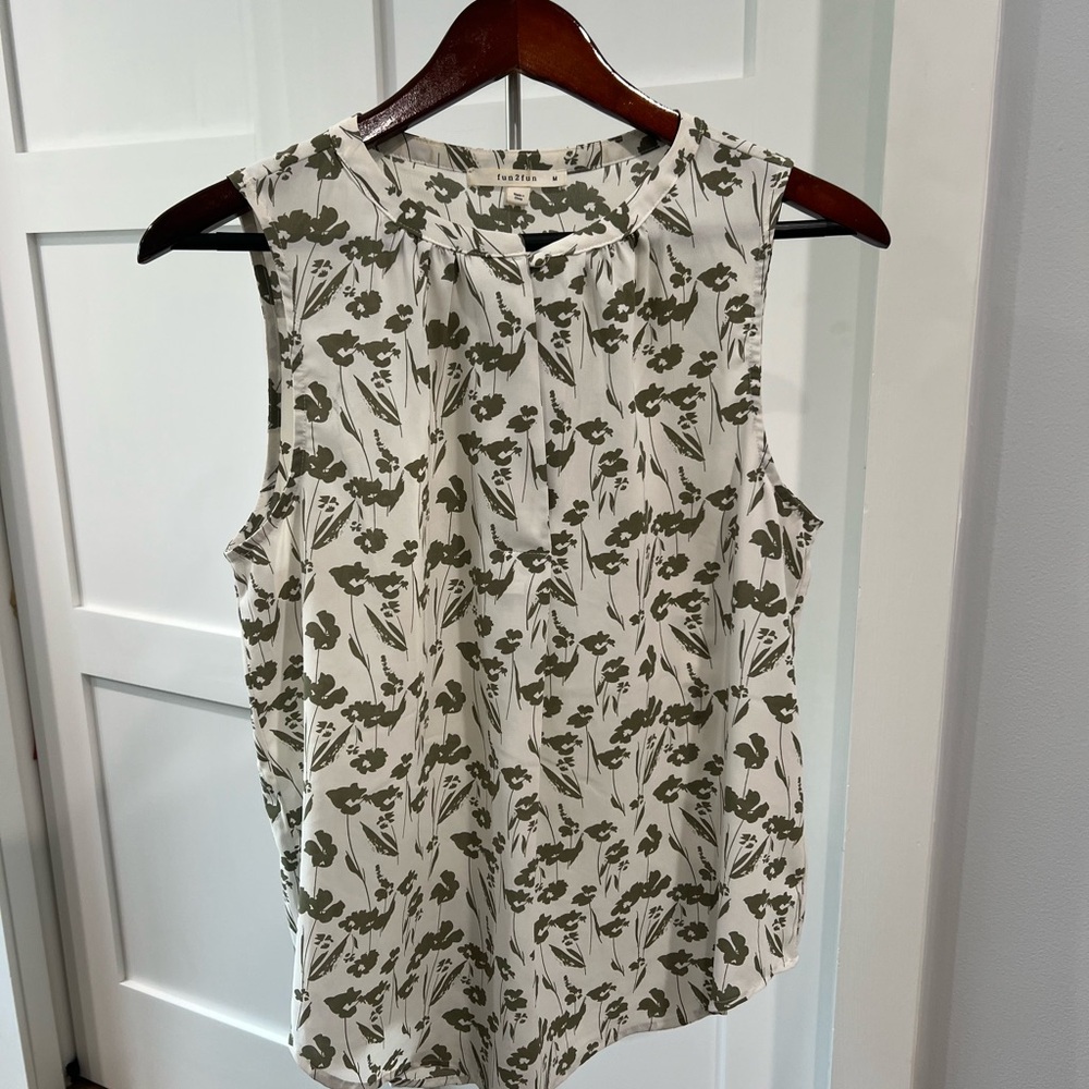 Floral Sleeveless Top - Green and White